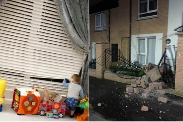 LEFT: The child at the window pictured just hours before the incident. RIGHT: The wall and fencing was destroyed due to the impact after joyrdiers smashed into the garden.