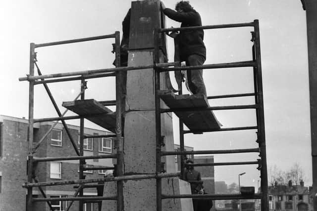 1974... The memorial at Rossville Street under construction.
