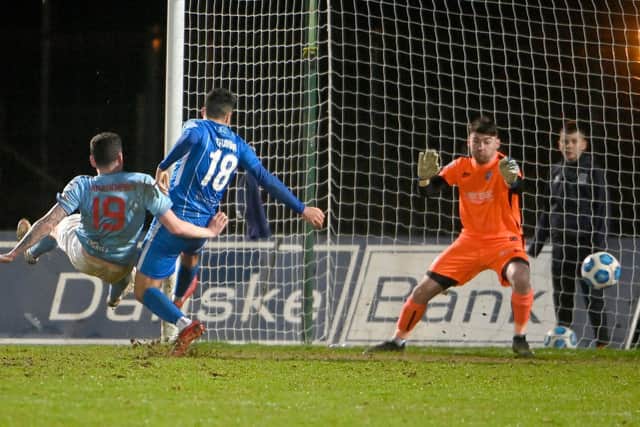 ‘Parky’ gets onto the end of Brendan Barr’s cross and directs the ball past the Coleraine keeper to clinch a dramatic derby win for Ballymena United.
