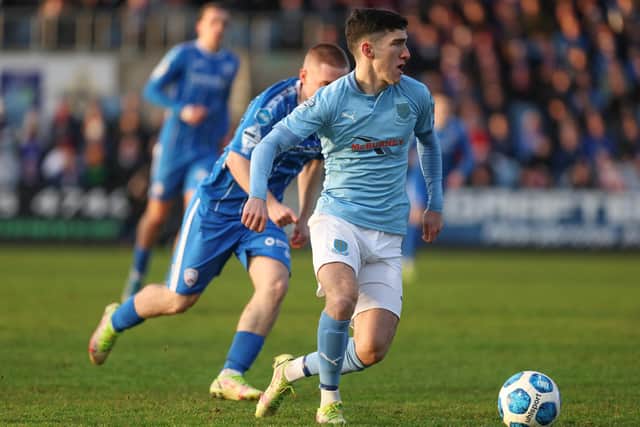 Derry City loanee, Brendan Barr in action against Coleraine for Ballymena United recently.