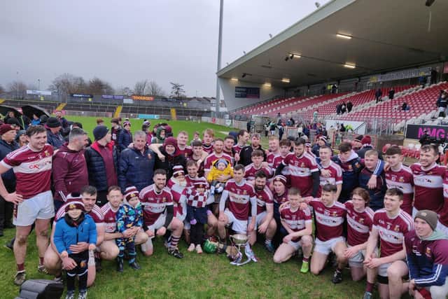 St Mary's Banagher, 2021 Ulster Intermediate hurling champions, celebrate in Healy Park on Saturday.
