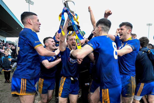 Captain Neil Forester and his Steelstown players celebrate their Ulster GAA Football Intermediate Club Championship Final win over Moortown at Owenbeg . (Photo: George Sweeney)