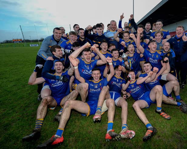 Steelstown players celebrate their Ulster GAA Football Intermediate Club Championship Final win over Moortown at Owenbeg . (Photo: George Sweeney)