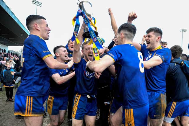 Steelstown players celebrate their victory over Tyrone champions Moortown at Owenbeg in the Ulster Intermediate Football Club Championship.