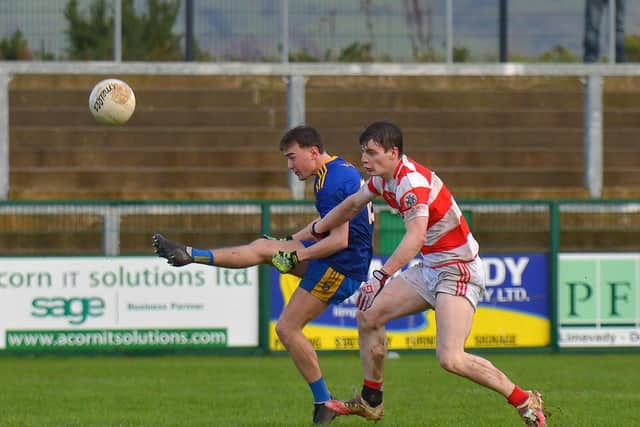 Cahir McMonagle scores his fifth and Steelstown’s sixth point against Moortown at Owenbeg on Sunday afternoon last. Photo: George Sweeney. DER2202GS – 056