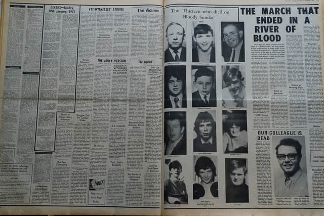 the first two pages inside on which were printed the names of ‘The Thirteen Who Died on Bloody Sunday’ alongside their pen portraits.