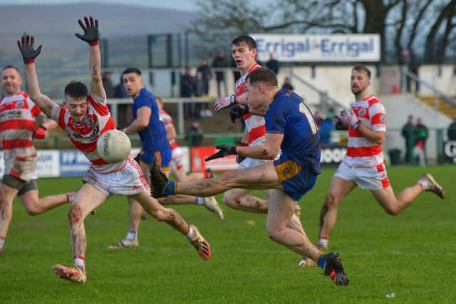 Steelstown’s Eoghan Bradley gets off a shot during the game against Moortown at Owenbeg on Sunday afternoon last. (Photo: George Sweeney. DER2202GS – 054)