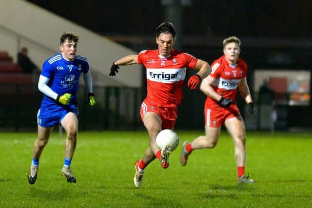 Monaghan’s at Darragh McElearney chases Conor McCluskey as the Derry player breaks forward during the draw at Owenbeg on Friday evening last. Photo: George Sweeney. DER2201GS – 011