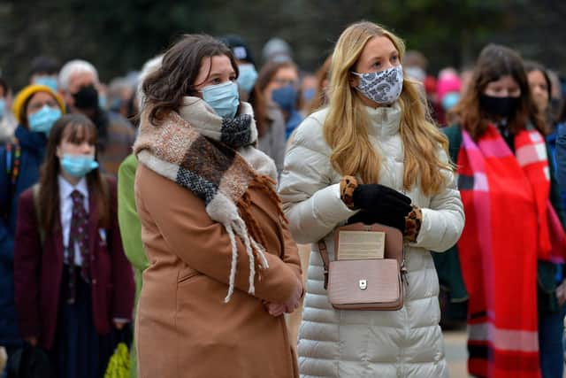 People who attended the vigil for Ashling Murphy held at the Guildhall Steps on Friday afternoon. Photo: George Sweeney.  DER2202GS – 088