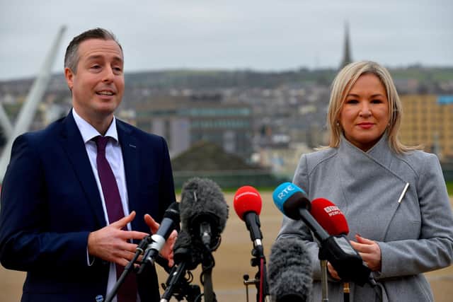 First Minister Paul Givan and Deputy First Minister Michelle O’Neill speaking to the media during a visit to Ebrington Square on Thursday morning.  Photo: George Sweeney.  DER2203GS – 013
