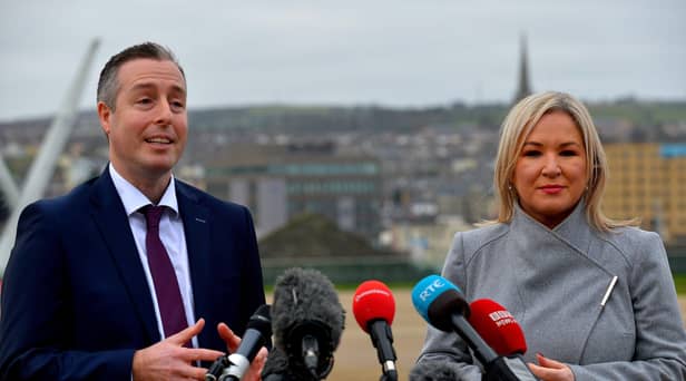 First Minister Paul Givan and Deputy First Minister Michelle O’Neill speaking to the media during a visit to Ebrington Square on Thursday morning.  Photo: George Sweeney.  DER2203GS – 013