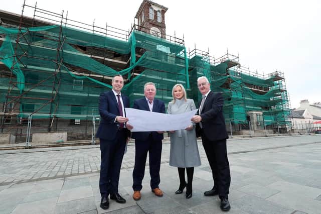 Developers Cecil Doherty and Liam Tourish with First Minister Paul Givan and Deputy First Minister Michelle O'Neill.