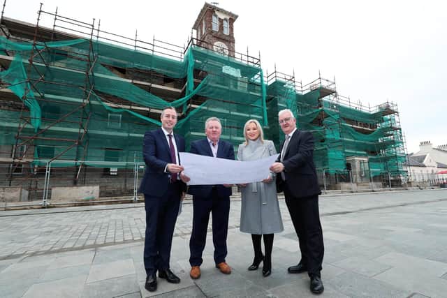 Developers Cecil Doherty and Liam Tourish with First Minister Paul Givan and Deputy First Minister Michelle O'Neill.