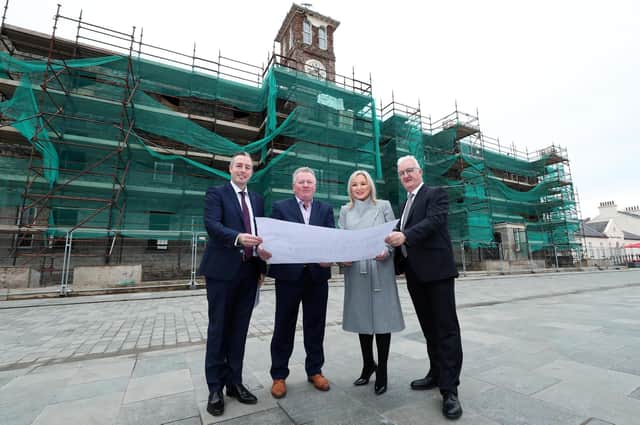 Developers Cecil Doherty and Liam Tourish with First Minister Paul Givan and Deputy First Minister Michelle O'Neill.