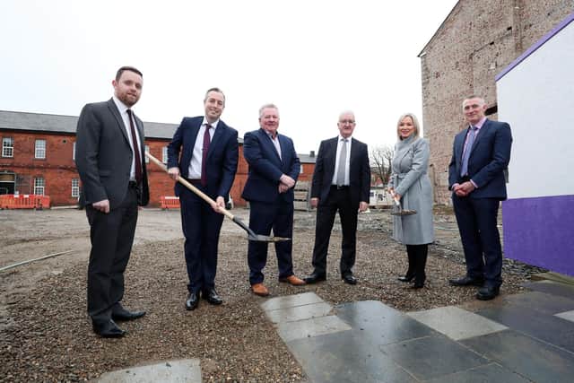 Developers Cecil Doherty and Liam Tourish with First Minister Paul Givan and Deputy First Minister Michelle O'Neill and Junior TEO Ministers Gary Middleton and Declan Kearney.