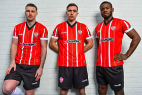 Derry City’s Patrick McEleney, Joe Thomson and James Akintunde pictured in the club’s new home strip. Picture by Picture courtesy - Diarmuid Greene - O’Neills