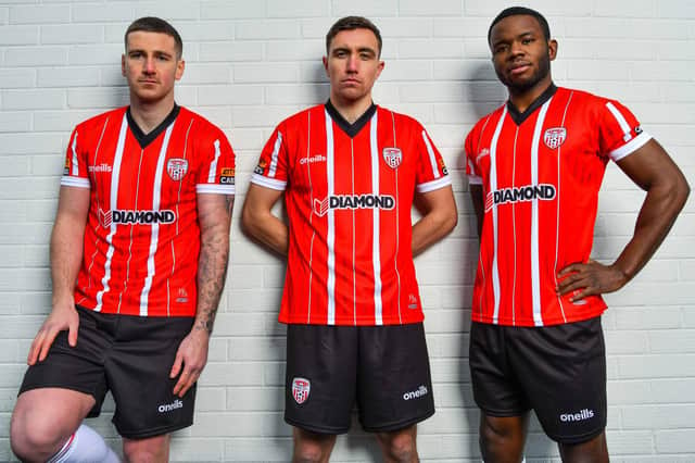 Derry City’s Patrick McEleney, Joe Thomson and James Akintunde pictured in the club’s new home strip. Picture by Picture courtesy - Diarmuid Greene - O’Neills