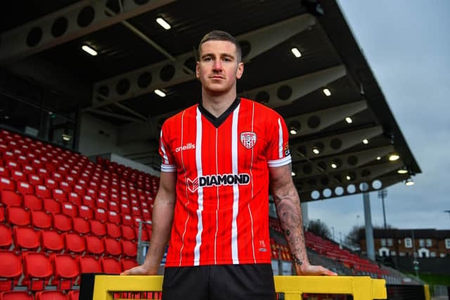 Derry City midfielder Patrick McEleney pictured in the club’s new home strip. Picture courtesy - Diarmuid Greene - O’Neills
