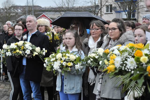 Some of the relatives who laid wreaths at the Bloody Sunday memorial service, at the Rossville Street monument, back in January 2019. DER0518GS014