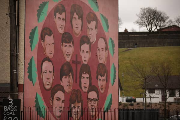 Victims of Bloody Sunday are remembered in a mural on the Bogside, Derry.