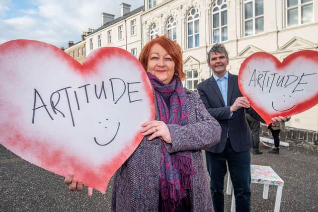 Amanda Doherty, Head of Communications and Engagement, The National Lottery Community Fund and Kevin Murphy, Chief Executive of The Playhouse, celebrate a £150,000 National Lottery grant being awarded to Artitude: Climate, Culture, Circularity, an ambitious arts based community project to change behaviours and attitudes to climate and waste in the North West.