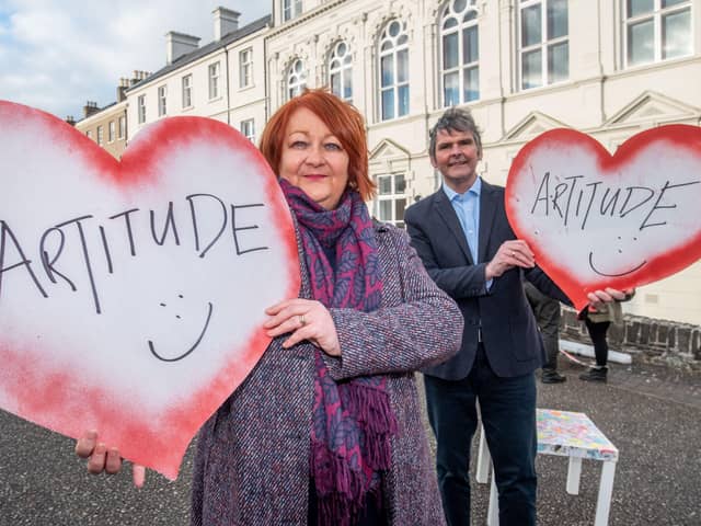 Amanda Doherty, Head of Communications and Engagement, The National Lottery Community Fund and Kevin Murphy, Chief Executive of The Playhouse, celebrate a £150,000 National Lottery grant being awarded to Artitude: Climate, Culture, Circularity, an ambitious arts based community project to change behaviours and attitudes to climate and waste in the North West.