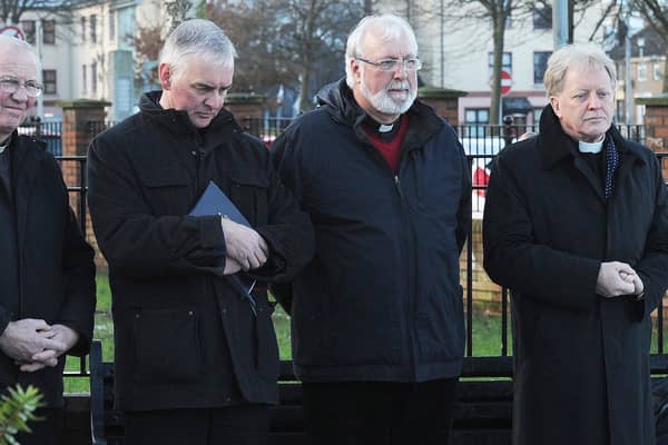 Rev. Michael Canny (second from left) has been leading prayers at the annual Bloody Sunday memorial service in the Bogside for 40 years. He's pictured here in 2015 with, from left, Bishop Donal McKeown, Rev. David Jennings (Church of England) and Rev. David Latimer (Presbyterian Church).