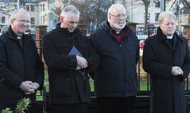 Rev. Michael Canny (second from left) has been leading prayers at the annual Bloody Sunday memorial service in the Bogside for 40 years. He's pictured here in 2015 with, from left, Bishop Donal McKeown, Rev. David Jennings (Church of England) and Rev. David Latimer (Presbyterian Church).
