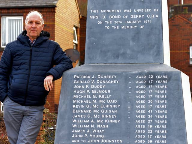 Tony Doherty, whose father Patrick was killed on Bloody Sunday, pictured at the Bloody Sunday memorial in Rossville Street. Photo: George Sweeney.  DER2204GS – 015