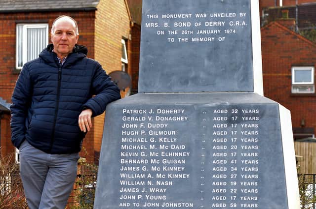 Tony Doherty, whose father Patrick was killed on Bloody Sunday, pictured at the Bloody Sunday memorial in Rossville Street. Photo: George Sweeney.  DER2204GS – 015