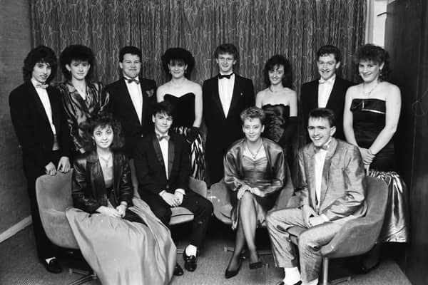At front, centre, Stephen Twells, head boy, and Geraldine Ramsay, head girl, pictured with guests at the St. Cecilia’s and St. Joseph’s annual sixth form formal in the Everglades. At front, left, is Andrea Sheerin and right is John Lyttle. At back, from left, are Bernard Simms, Cora Moore, head girl, St. Brigid’s High School, Mark Taggart, head boy, St. Brigid’s, Brenda Sweeney, Martin Hegarty, head boy, St. Columb’s College, Amanda Dobbins , Gary Hutton and Denise Goodwin, head girl of St. Mary’s Secondary School.