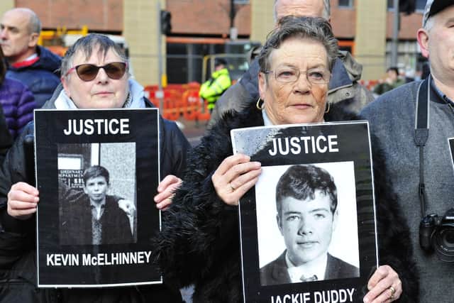 Jean Hegarty and Kay Duddy pictured outside the City Hotel in 2019 as families awaited the decision of the PPS.  DER1119GS-025