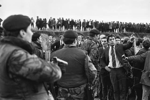 John Hume speaks to the army during the anti-internment march at Magilligan Strand the weekend before Bloody Sunday.