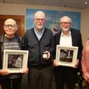 Former Labour Party Leader Jeremy Corbyn on a visit to Creggan to mark the 30th anniversary of Creggan Enterprises with, from left, Eamonn McCann, Conal McFeely and Pauline McClenaghan. All photos: Lorcan Doherty.