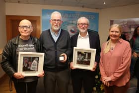 Former Labour Party Leader Jeremy Corbyn on a visit to Creggan to mark the 30th anniversary of Creggan Enterprises with, from left, Eamonn McCann, Conal McFeely and Pauline McClenaghan. All photos: Lorcan Doherty.