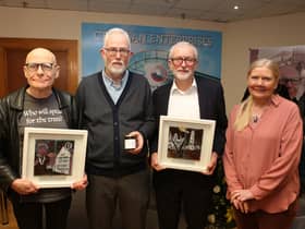 Former Labour Party Leader Jeremy Corbyn on a visit to Creggan to mark the 30th anniversary of Creggan Enterprises with, from left, Eamonn McCann, Conal McFeely and Pauline McClenaghan. All photos: Lorcan Doherty.