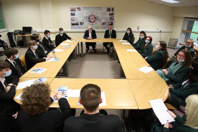 Local school children take part in a questions and answers session with the former British Labour party leader.