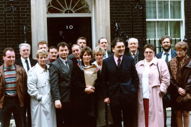 Mickey McKinney has been a stalwart of the campaign for truth and justice. He’s pictured here with other relatives and Foyle MP John Hume at Downing Street in 1997.