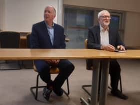 Jeremy Corbyn with Garbhan Downey in Creggan on Friday.