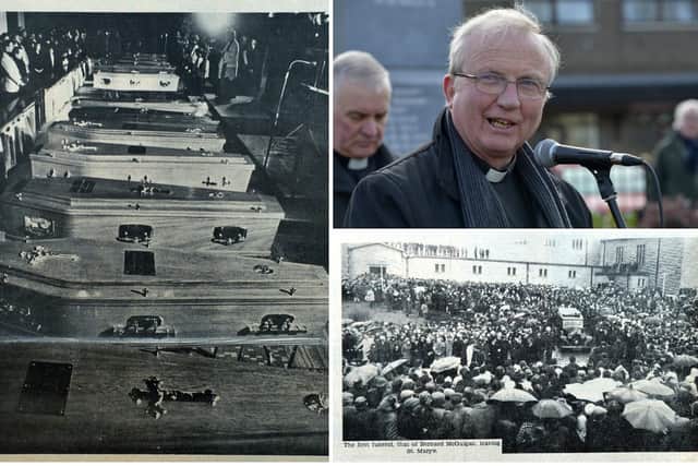 Bishop of Derry Dr Donal McKeown officiated at the Mass in St Mary's Church in Creggan, were almost 50 years ago tens of thousands gathered to pay their respects to the Bloody Sunday victims.