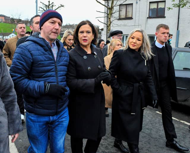 Tony Doherty, Mary Lou McDonald, Michele O’Neil and Padraig Delargy pictured at the Families Walk of Remembrance on Sunday morning. Photo: George Sweeney, DER2205GS – 018