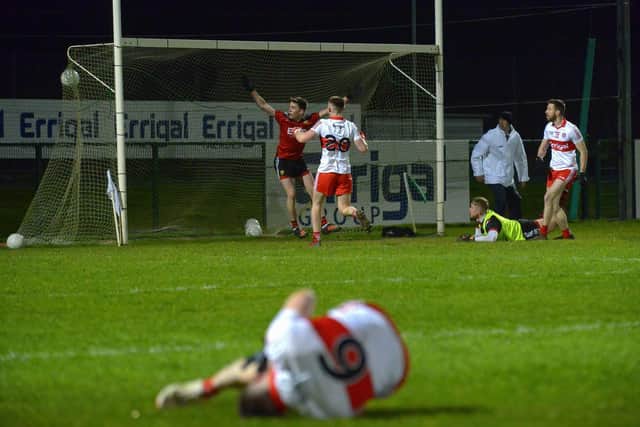 Niall Loughlin scores a goal for Derry against Down at Owenbeg on Saturday evening last. Photo: George Sweeney. DER2204GS – 053