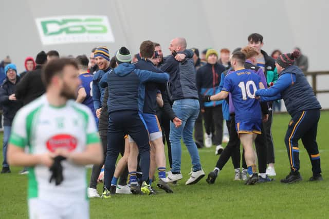 Steelstown players and supporters celebrate at the final whistle at the Connacht Centre of Excellence in Bekan. (Photo: Michael Donnelly)