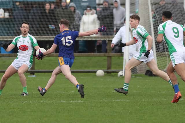 Steelstown forward Eoghan Bradley gets a shot away during Saturday's All Ireland Intermediate Club Championship semi-final against Na Gaeil at the Connacht Centre of Excellence. (Photo: Michael Donnelly)
