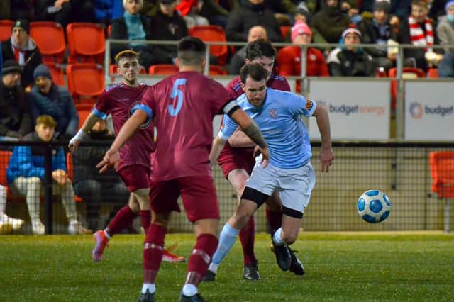 Derry City trialist Louis Britton pictured in action against Institute in the Billy Kee Memorial Cup last week, has signed for Waterford.
