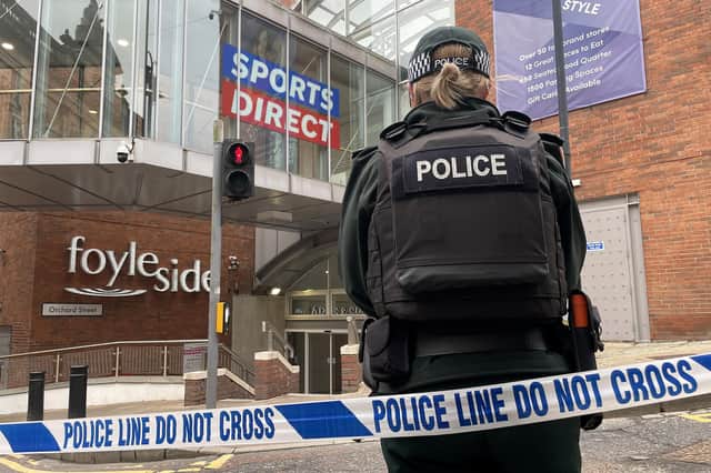 Security alert at the Foyleside shopping centre . Photo: Lorcan Doherty/Press Eye