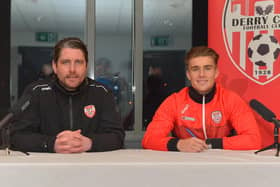 Derry City manager Ruaidhri Higgins pictured with striker Matty Smith who signed a two-year deal with the club tonight at the Brandywell Stadium. Photo: George Sweeney.