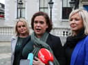 Mary Lou McDonald, centre, flanked by Sandra Duffy and Michelle O'Neill.