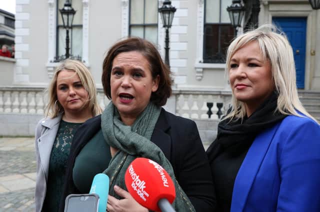 Mary Lou McDonald, centre, flanked by Sandra Duffy and Michelle O'Neill.