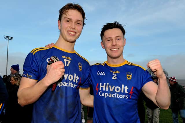Steelstown's Oran Fox (right) celebrates the Ulster Championship victory over Moortown with team-mate Donncha Gilmore. (Photo: George Sweeney)